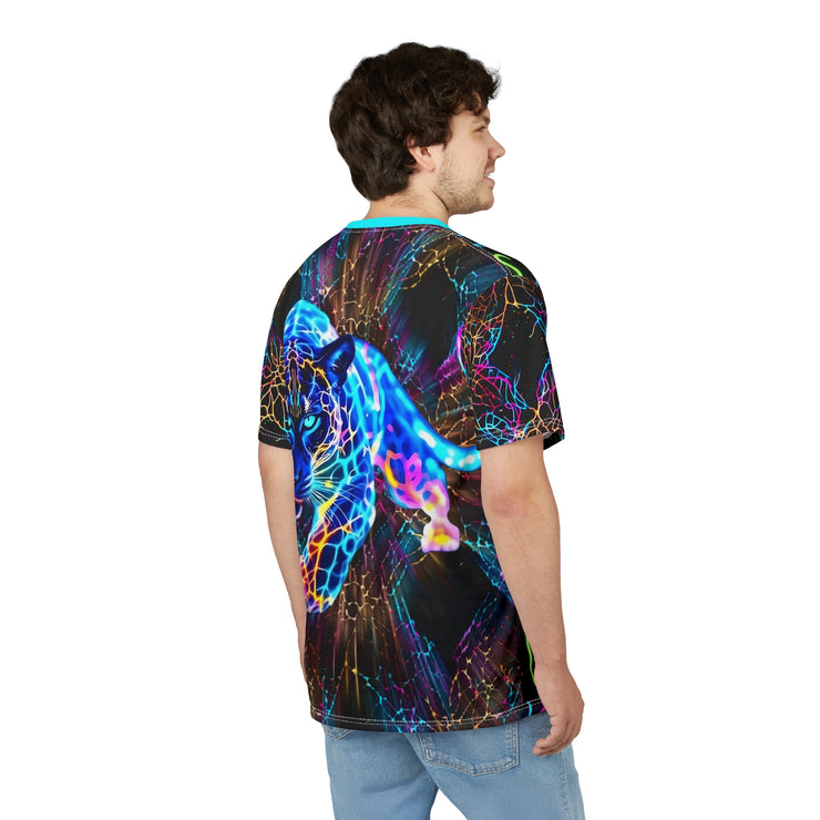 Person wearing a colorful t-shirt with a graphic design LeoPard Right side  of Back on a white background