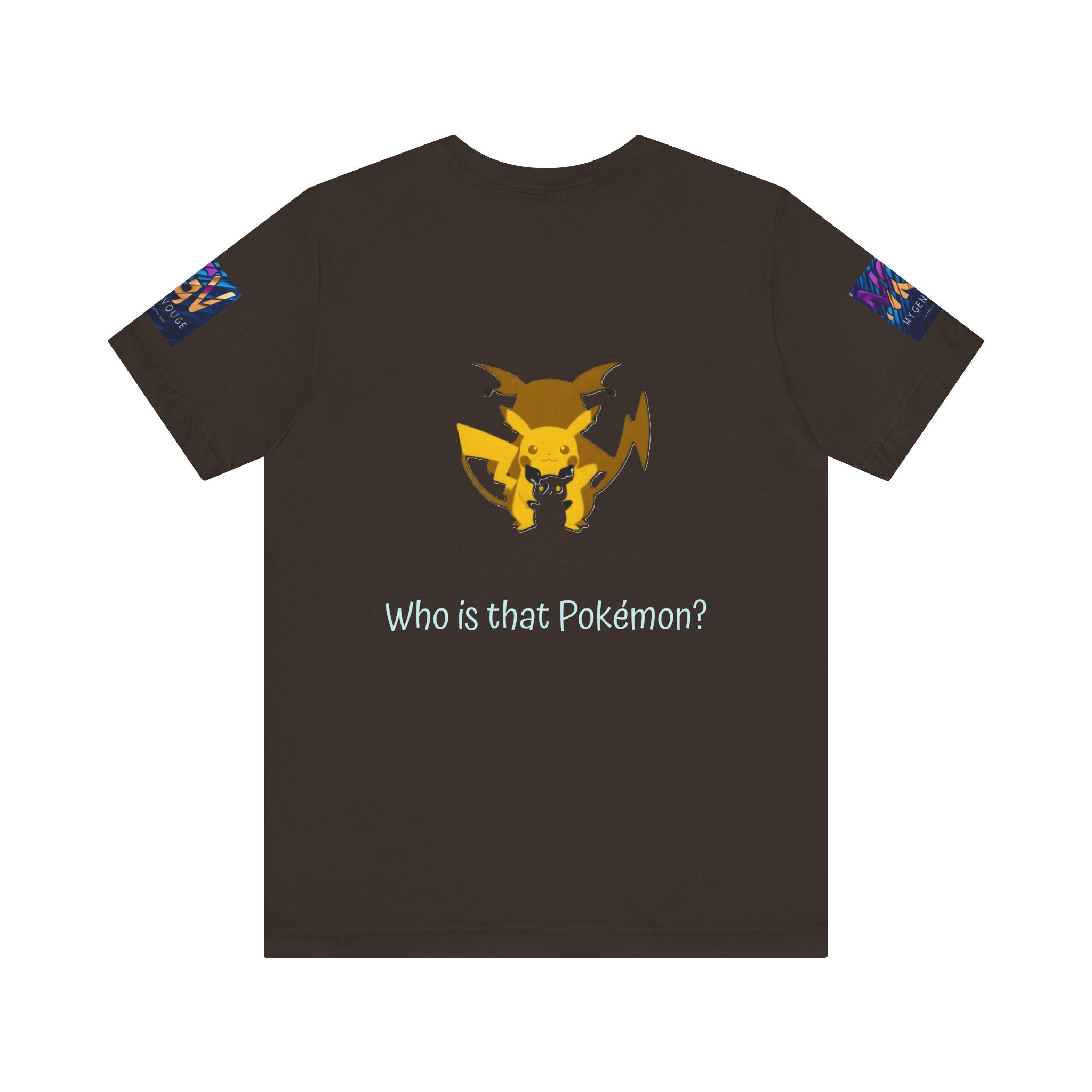 Black t-shirt with a yellow and red graphic of a Pokémon on the back, featuring the text 'Who is that Pokémon?'