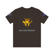 Black t-shirt with a yellow and red graphic of a Pokémon on the back, featuring the text 'Who is that Pokémon?'