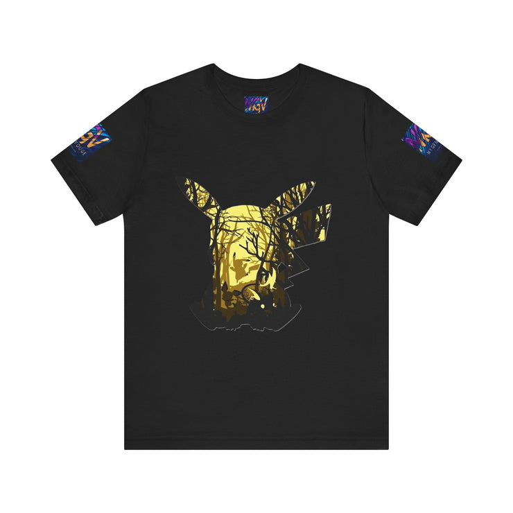 Black t-shirt with gold graphic design on a white background