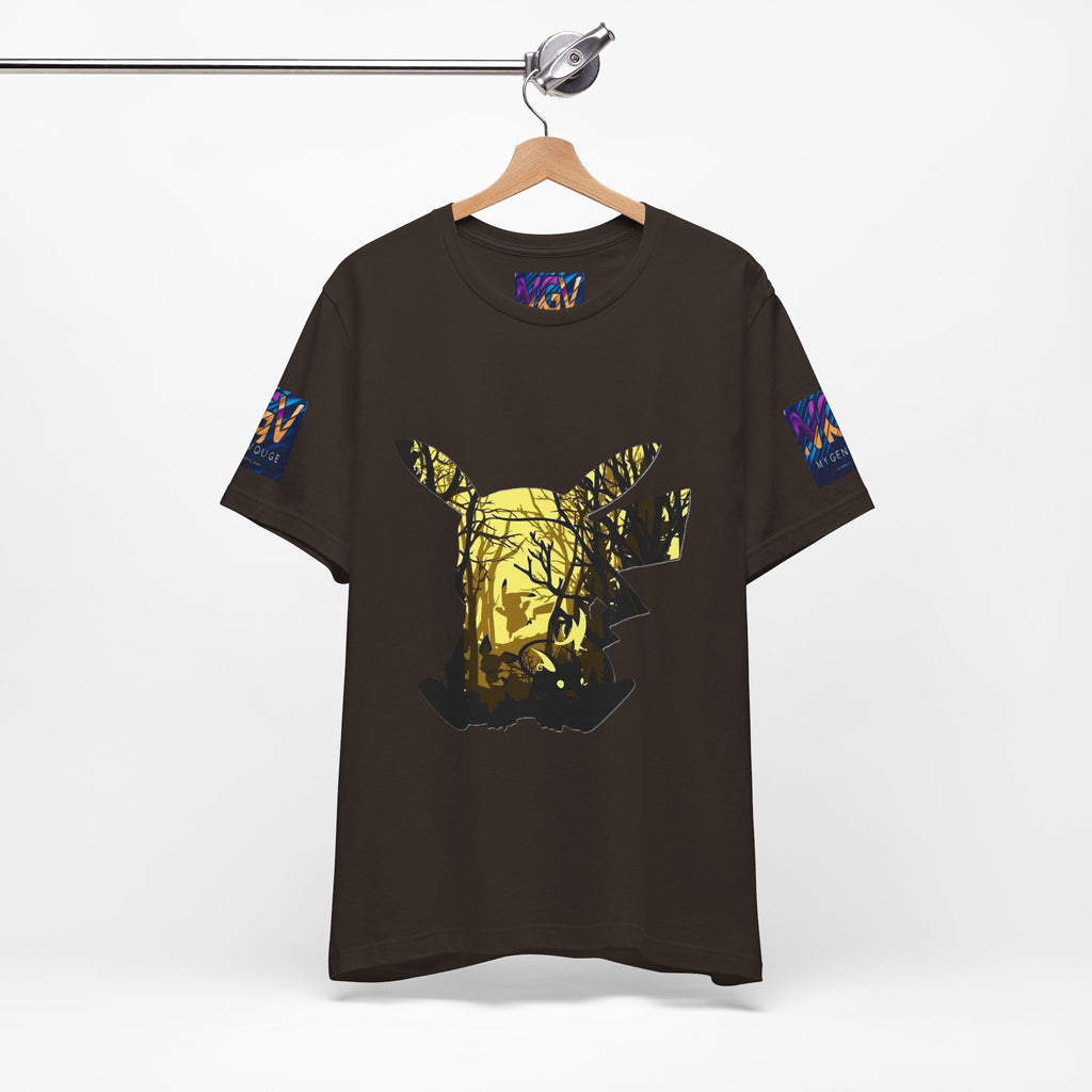 Black t-shirt with a graphic design on a hanger against a white background