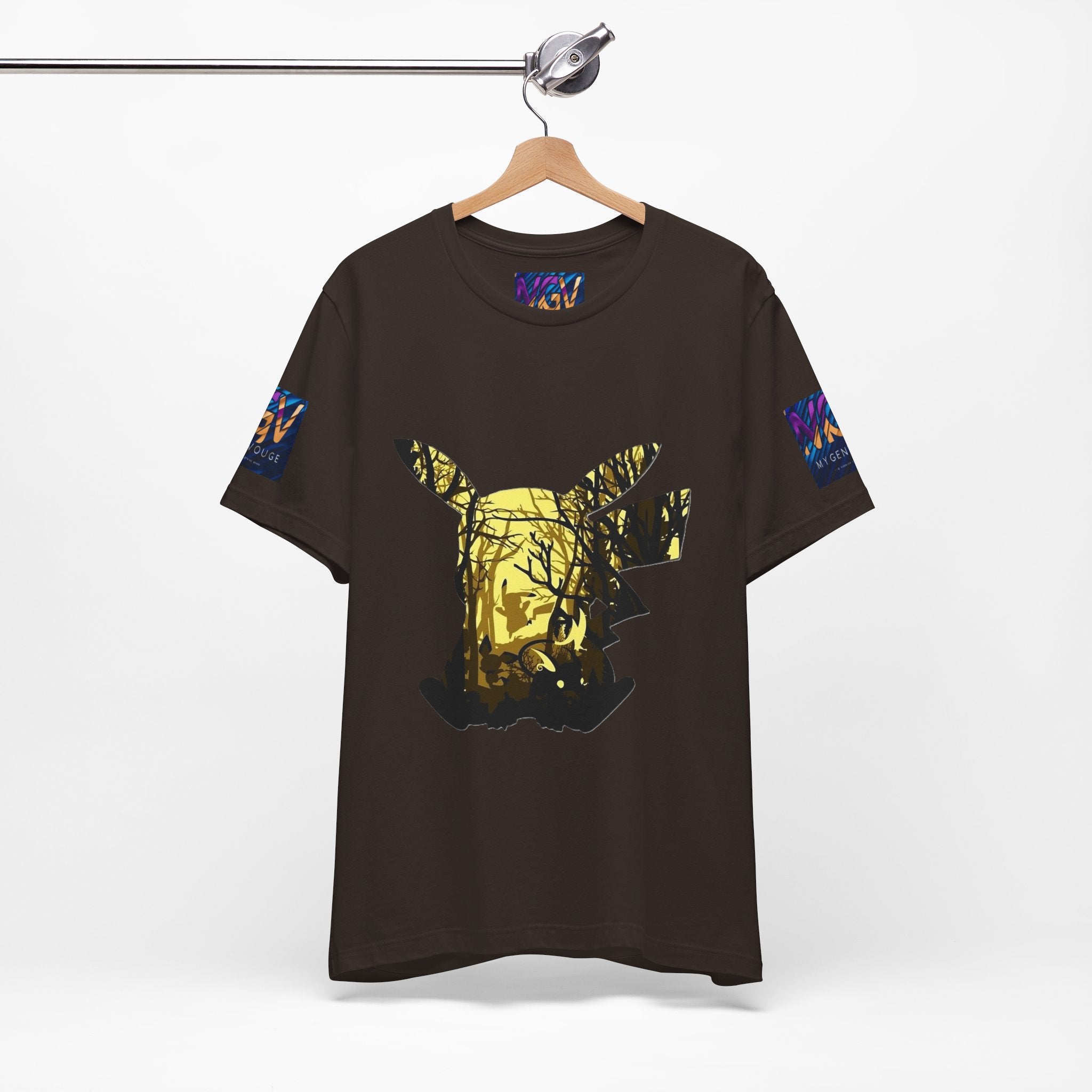 Black t-shirt with a graphic design on a hanger against a white background
