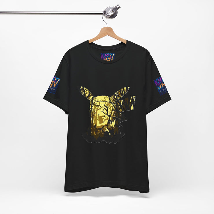 Black t-shirt with a gold graphic design on a hanger against a white background