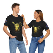 Two people wearing black t-shirts with a gold graphic design on a white background