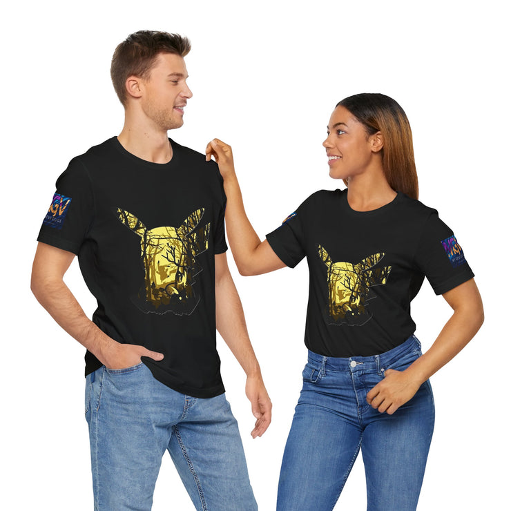 Two people wearing black t-shirts with a gold graphic design on a white background