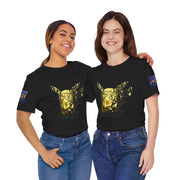 Two women wearing black t-shirts with a gold graphic design on a white background