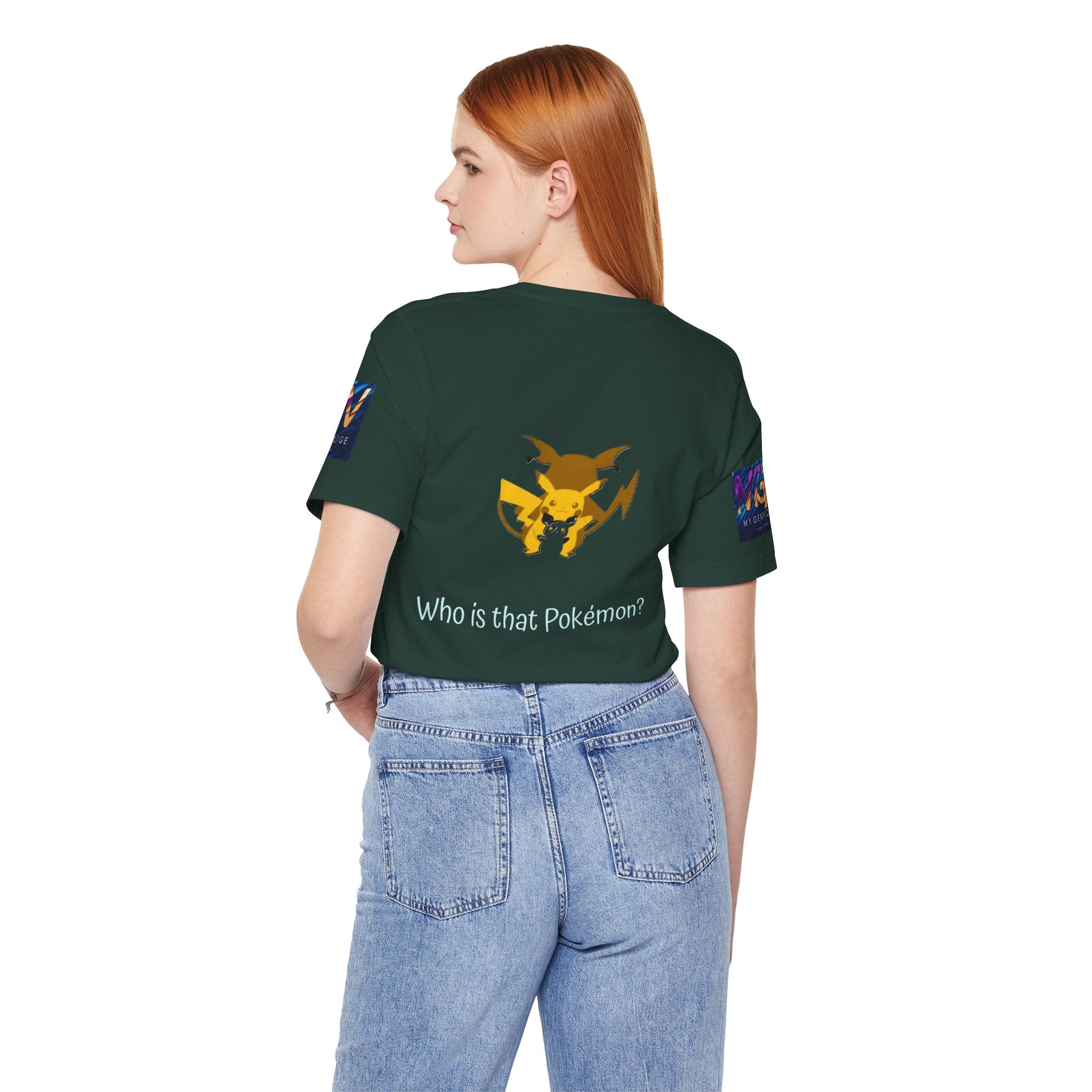 Person wearing a Black Heather t-shirt with a Pokémon design and text on a white background
