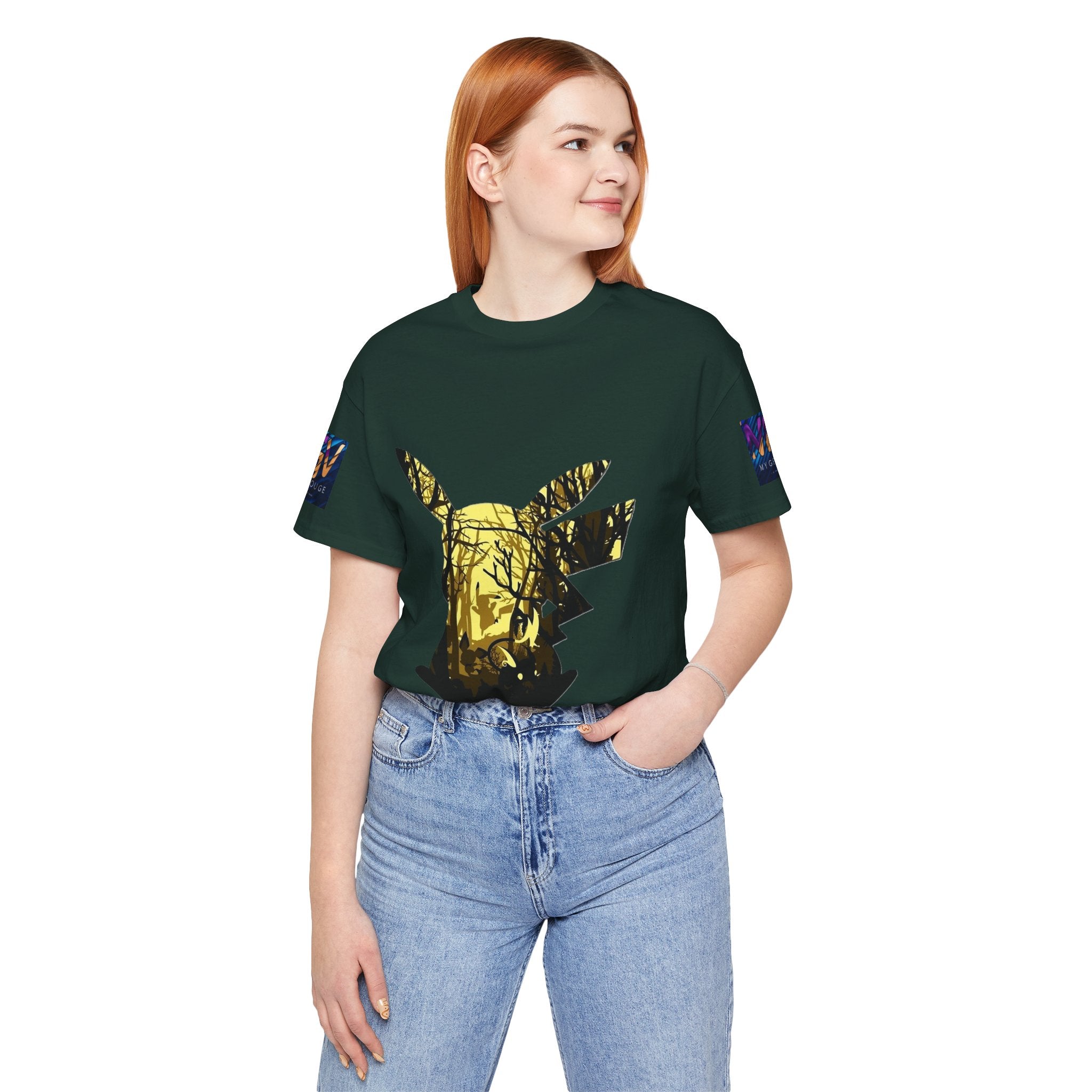 Person wearing a Black Heather t-shirt with a graphic design on a white background
