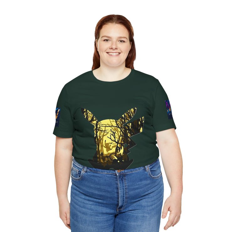Person wearing a Black Heather t-shirt with a gold deer design on a white background