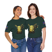 Two people wearing Black Heather t-shirts with a gold graphic design on a white background