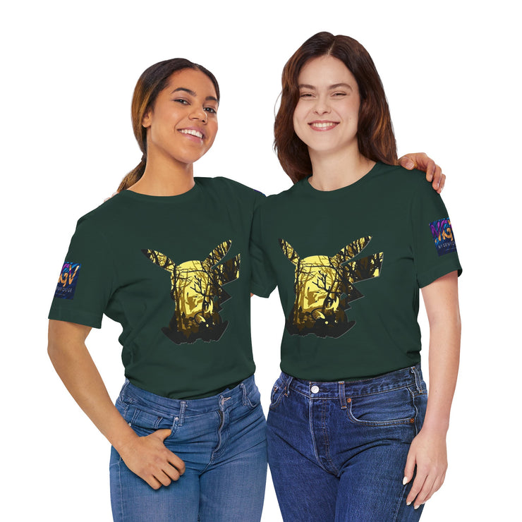 Two people wearing Black Heather t-shirts with a gold graphic design on a white background