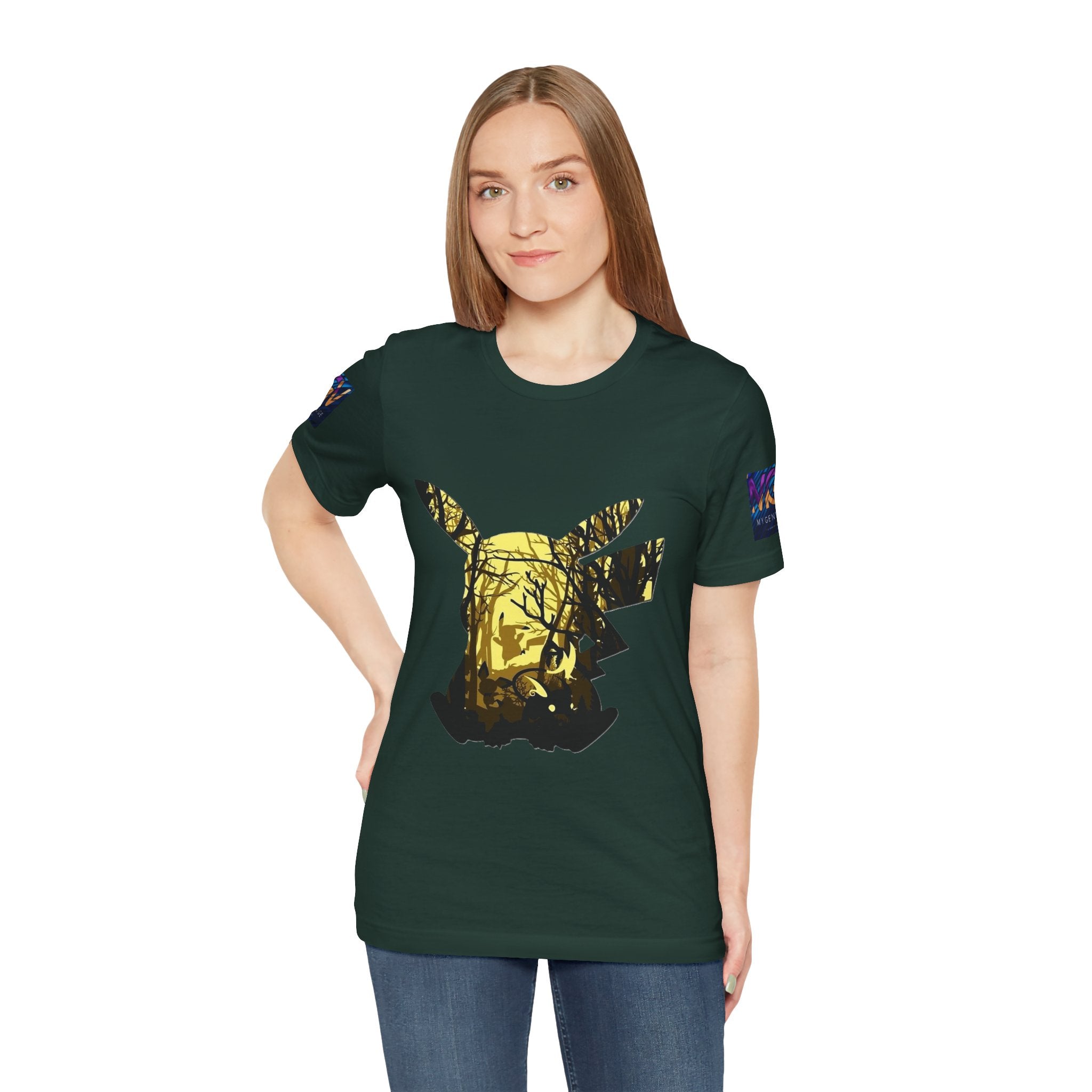 Woman wearing a Black Heather t-shirt with a gold and black design on a white background