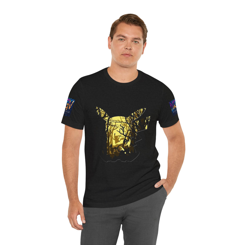 Man wearing a black t-shirt with a gold graphic design on a white background