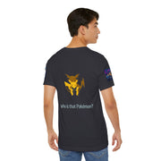 Person wearing a Black t-shirt with a graphic and text 'Who is that Pokémon?' on a white background