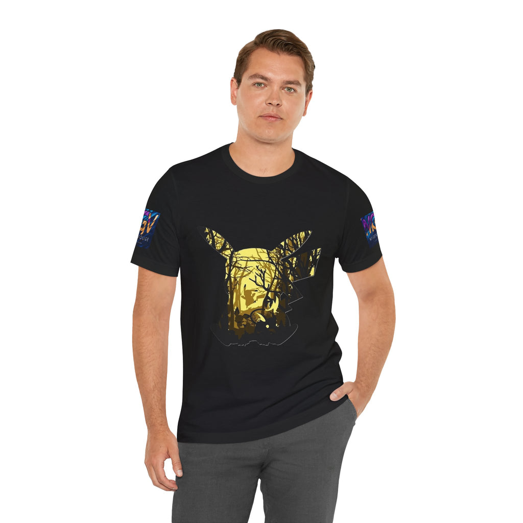 Man wearing a black t-shirt with a gold graphic design on a white background