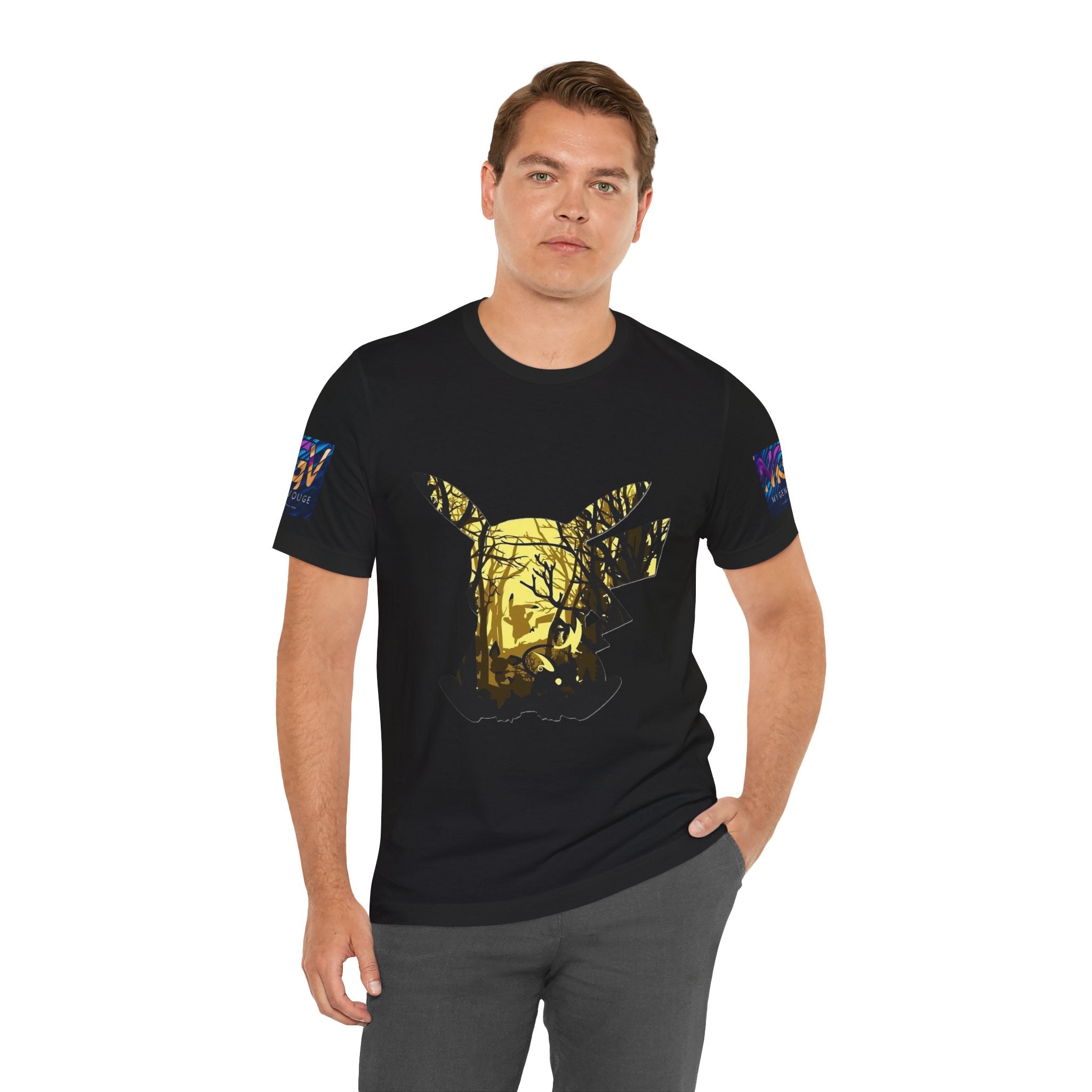 Man wearing a black t-shirt with a gold graphic design on a white background