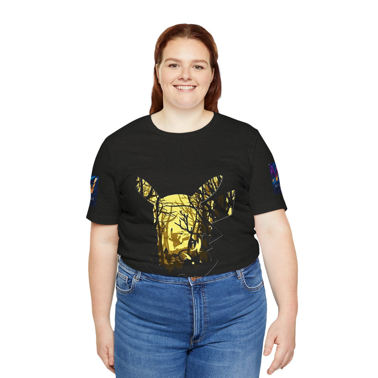 Person wearing a black t-shirt with a gold graphic design on a white background