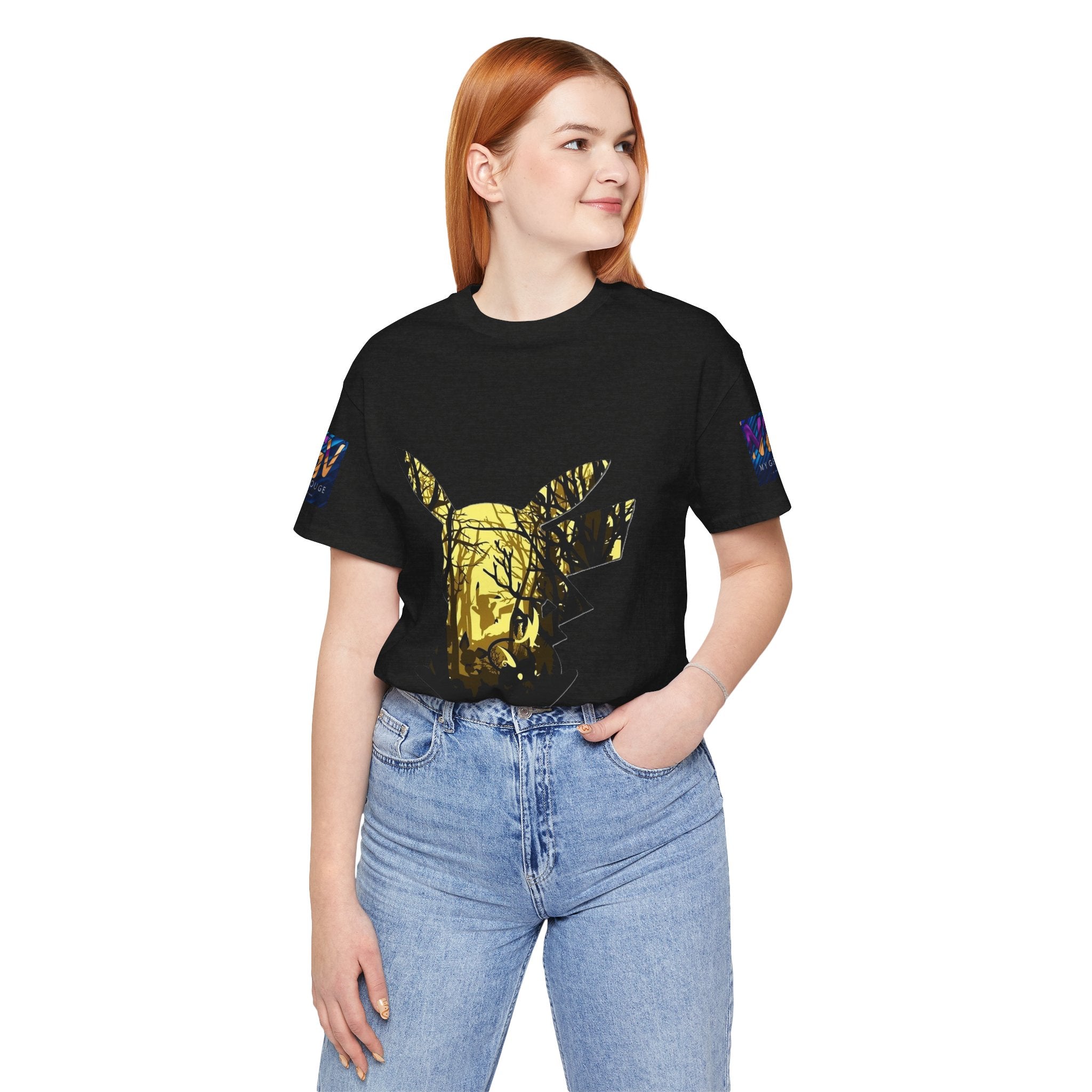 Person wearing a black t-shirt with a yellow graphic design on a white background