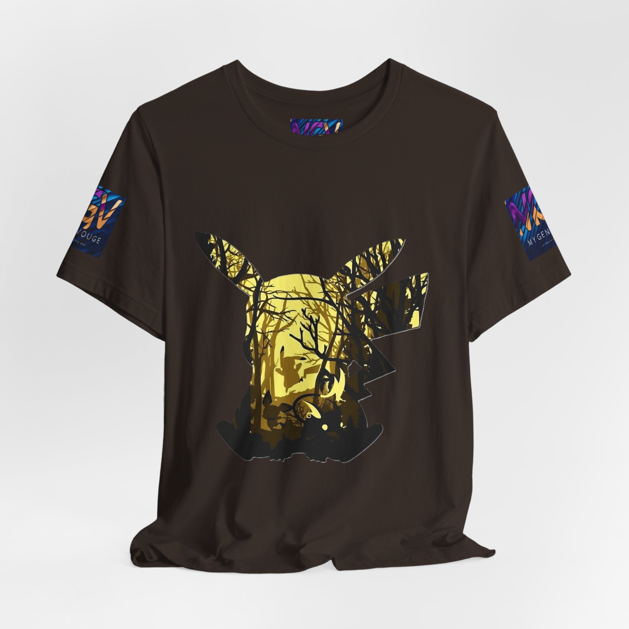 Black t-shirt with a graphic design of a deer in a forest on a white background