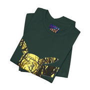 Brown t-shirt with a tree silhouette design on a white background