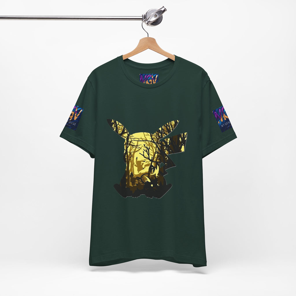Brown t-shirt with a gold and black graphic design on a hanger against a white background