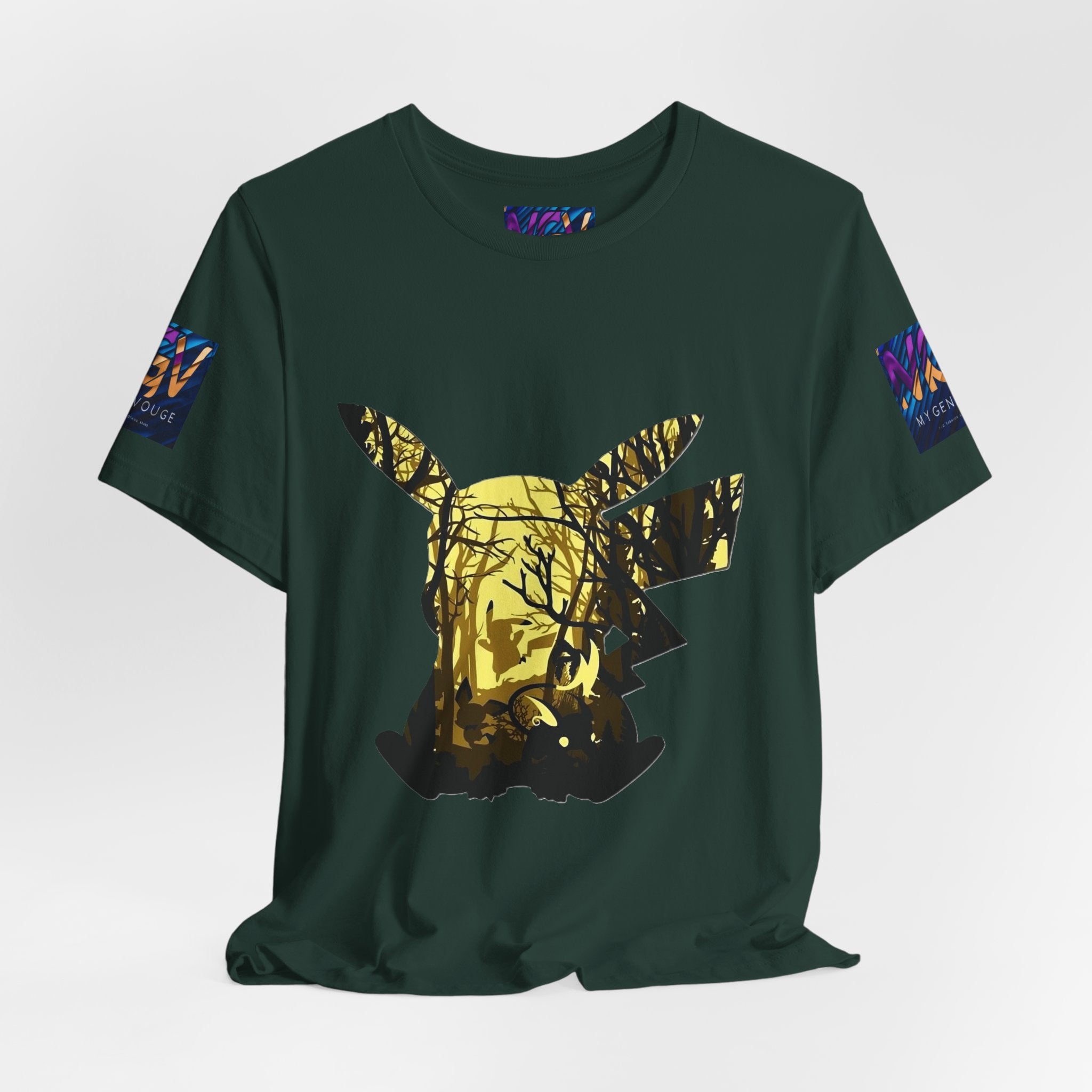 Brown t-shirt with a deer in the forest graphic on a white background