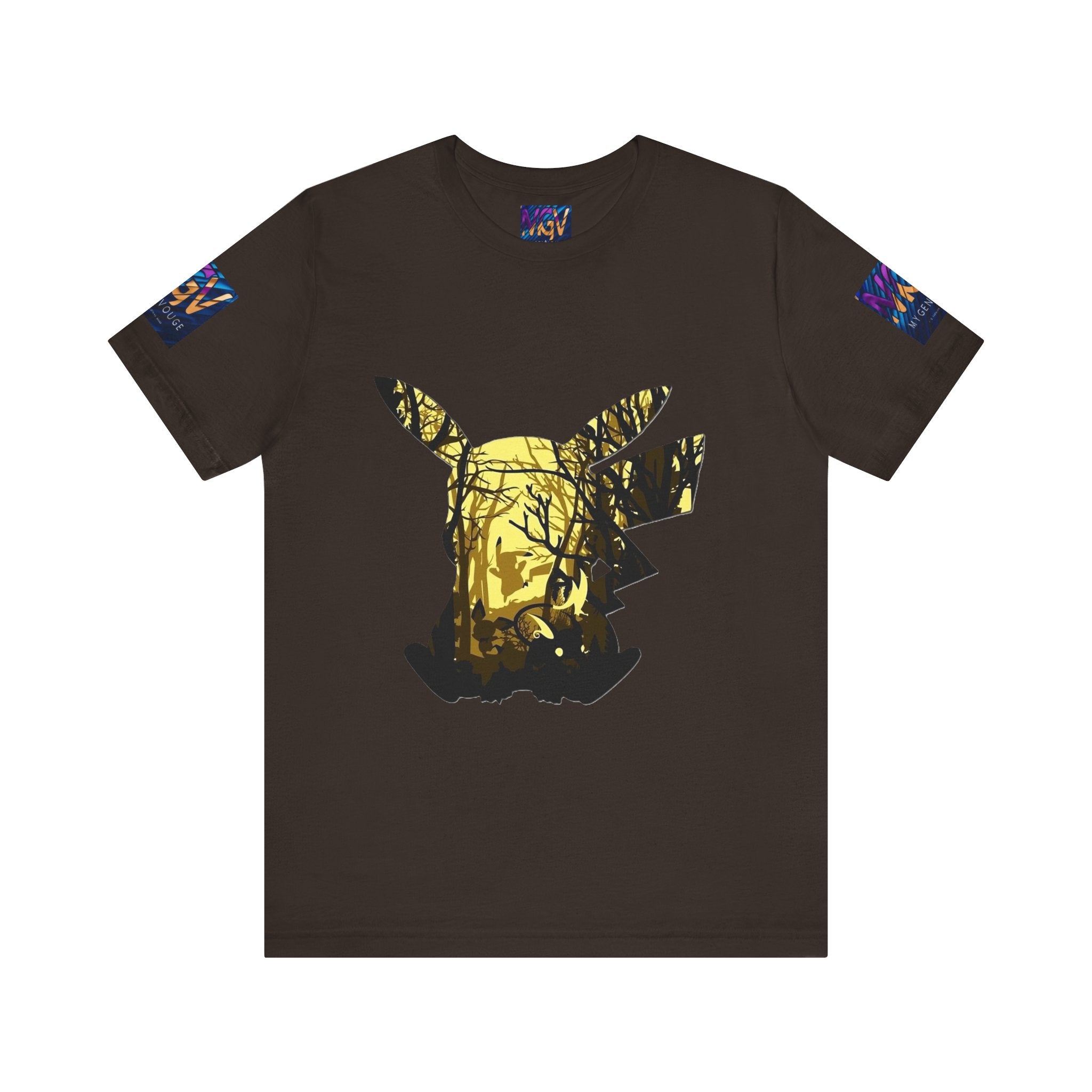 Brown t-shirt with a graphic design on a white background