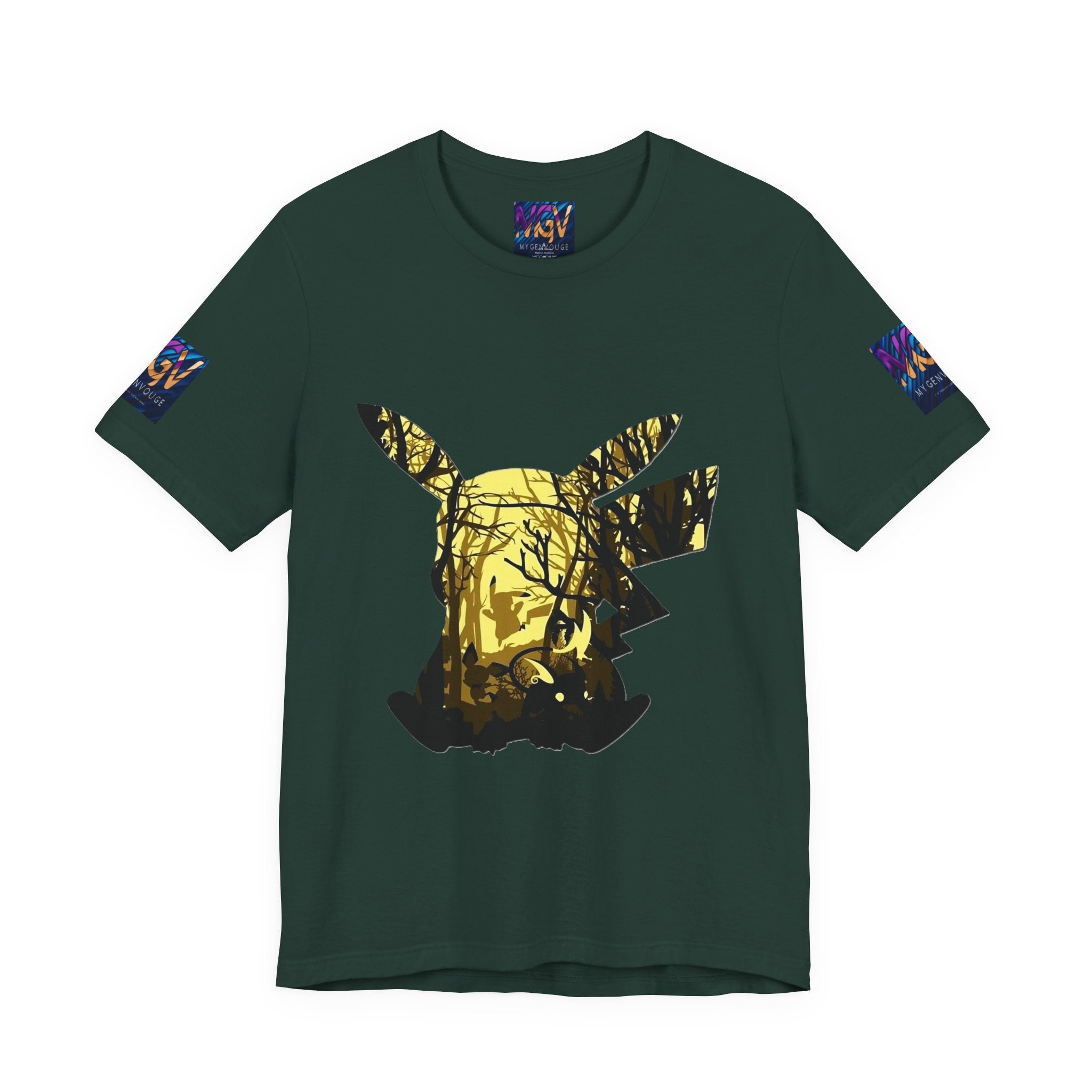 Brown t-shirt with gold and black graphic design  Front side on a white background
