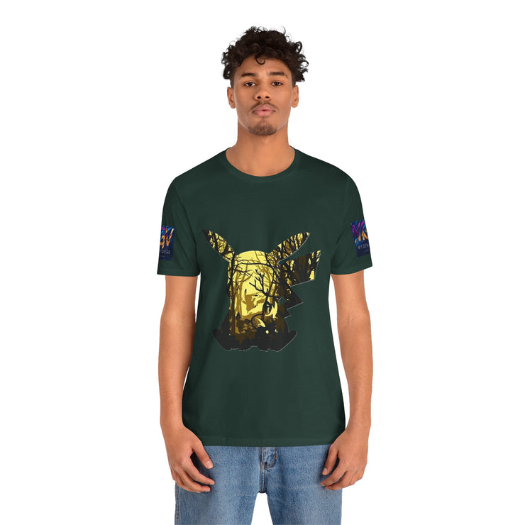 Man wearing a  Brown t-shirt with a gold and black design on a white background