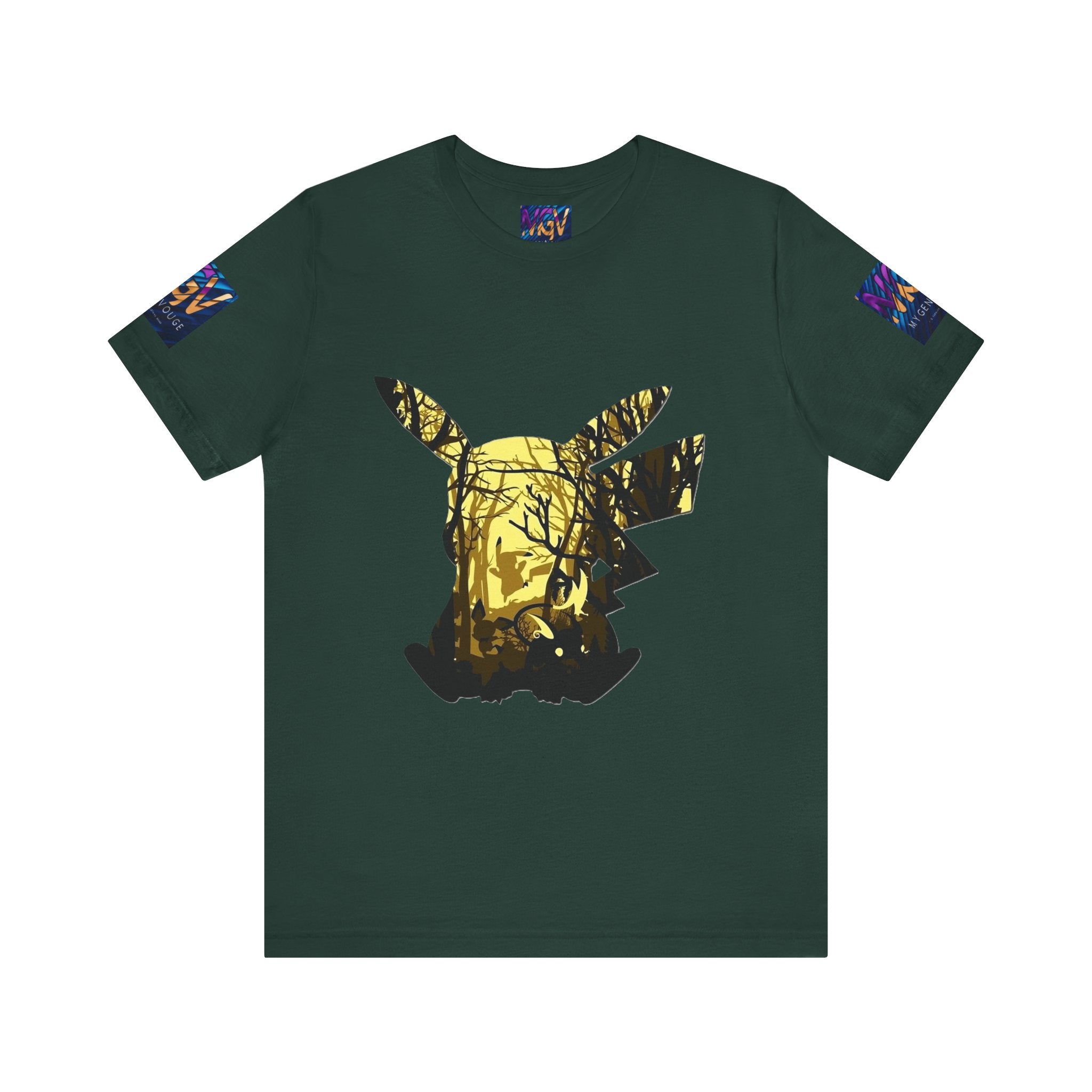 Green t-shirt with Brown a gold and black graphic design on a white background