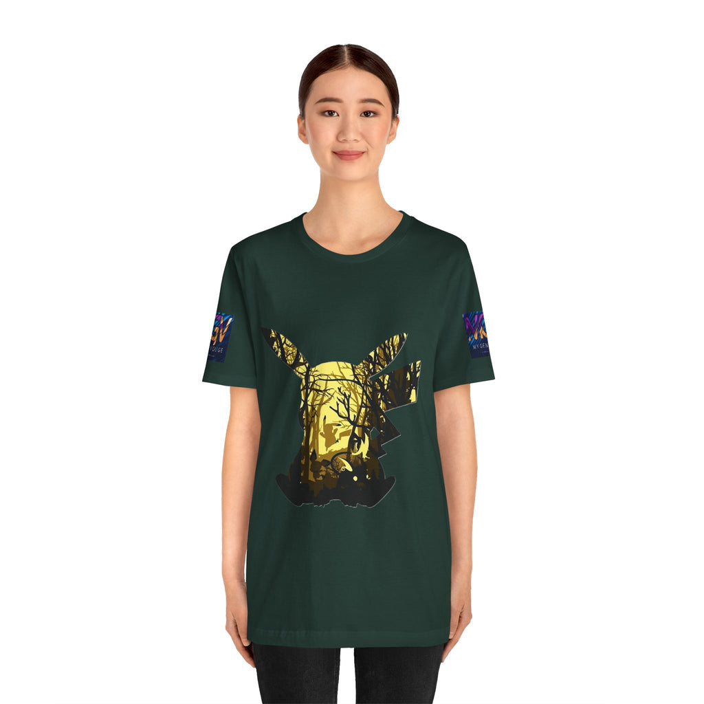 Person wearing a Brown t-shirt with a gold and black design on a white background
