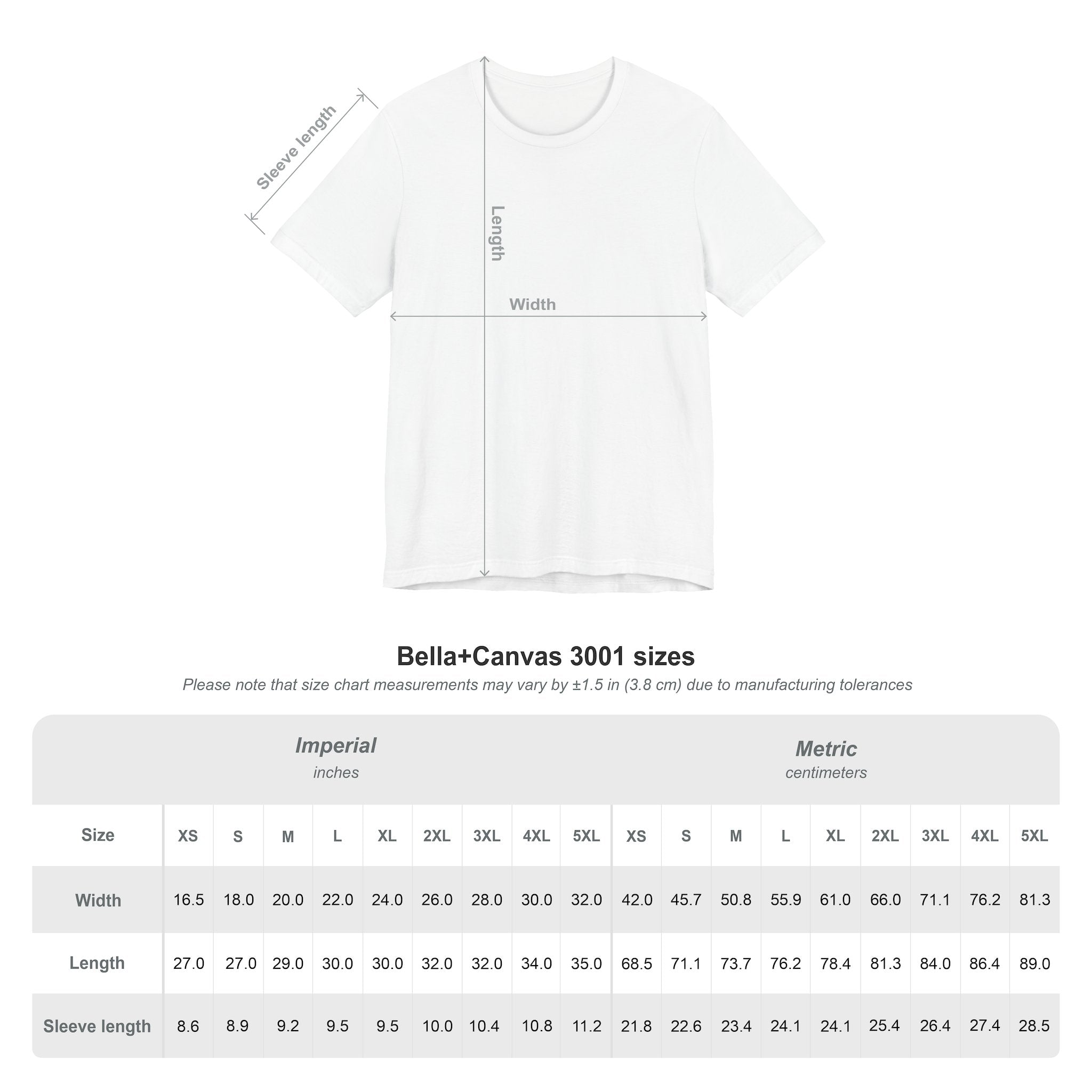 Dark Grey Heather t-shirt with measurement chart on a white background