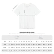 Dark Grey Heather t-shirt with measurement chart on a white background