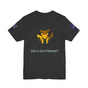 Dark Grey Heather t-shirt with a yellow and orange graphic and text 'Who is that Pokémon?' on a white background