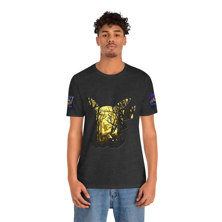 Person wearing a Dark Grey Heather t-shirt with a gold graphic design on a white background