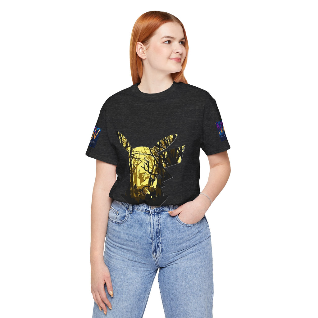 Person wearing a Dark Grey Heather t-shirt with a yellow graphic design on a white background