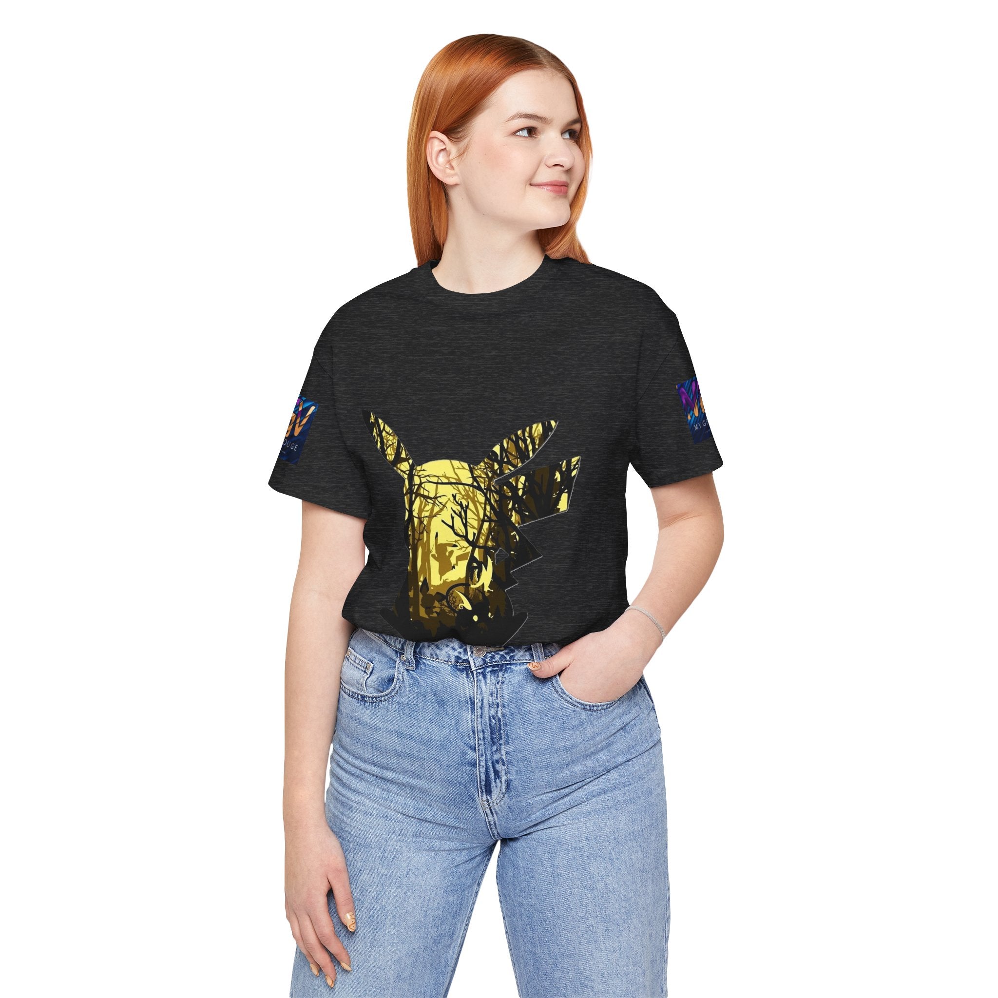 Person wearing a Dark Grey Heather t-shirt with a yellow graphic design on a white background