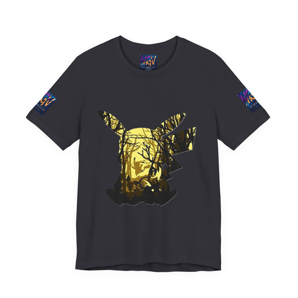 Dark Grey t-shirt with a gold and black graphic design on a white background