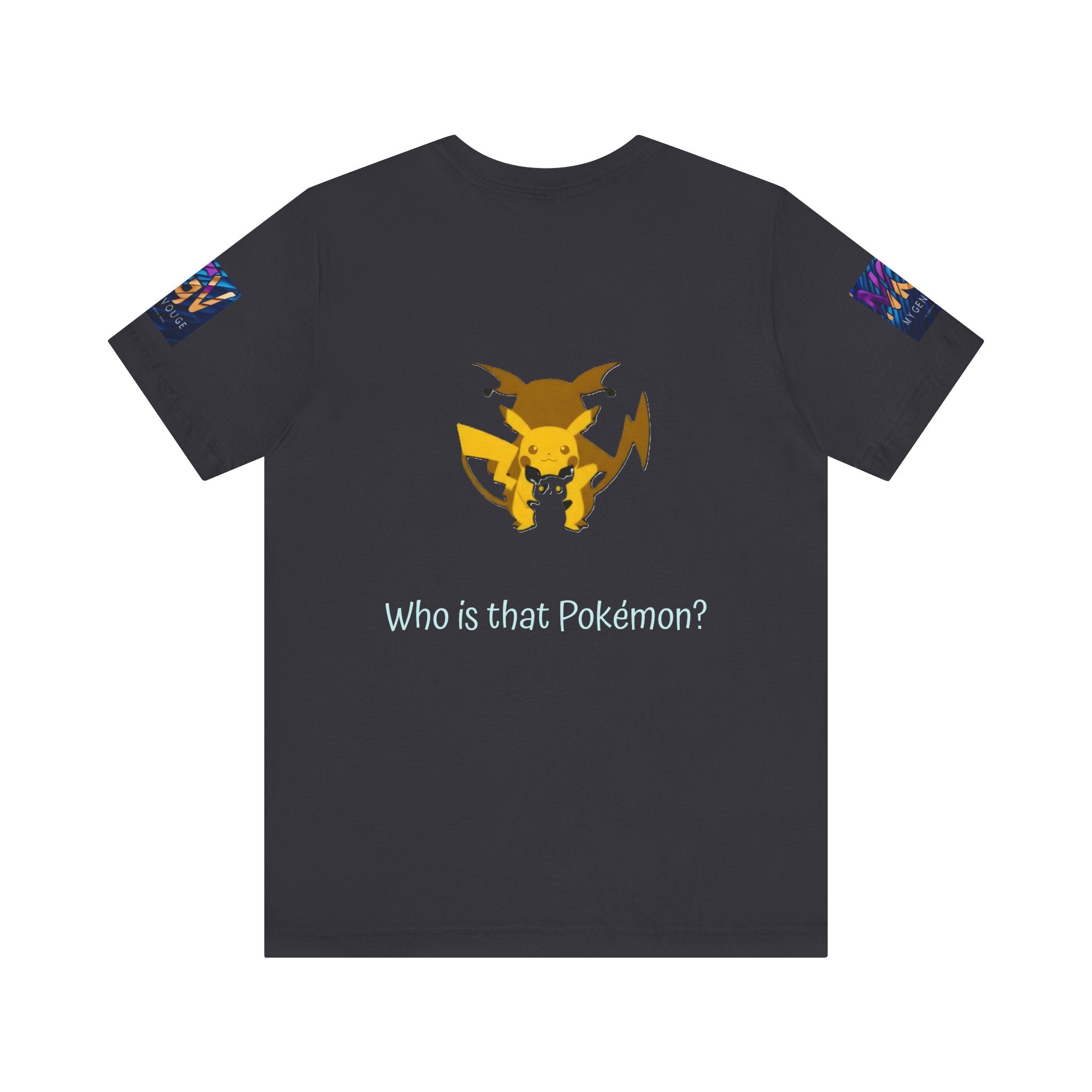 Dark Grey t-shirt with a graphic of a Pokémon and the text 'Who is that Pokémon?' on a white background