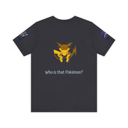 Dark Grey t-shirt with a graphic of a Pokémon and the text 'Who is that Pokémon?' on a white background