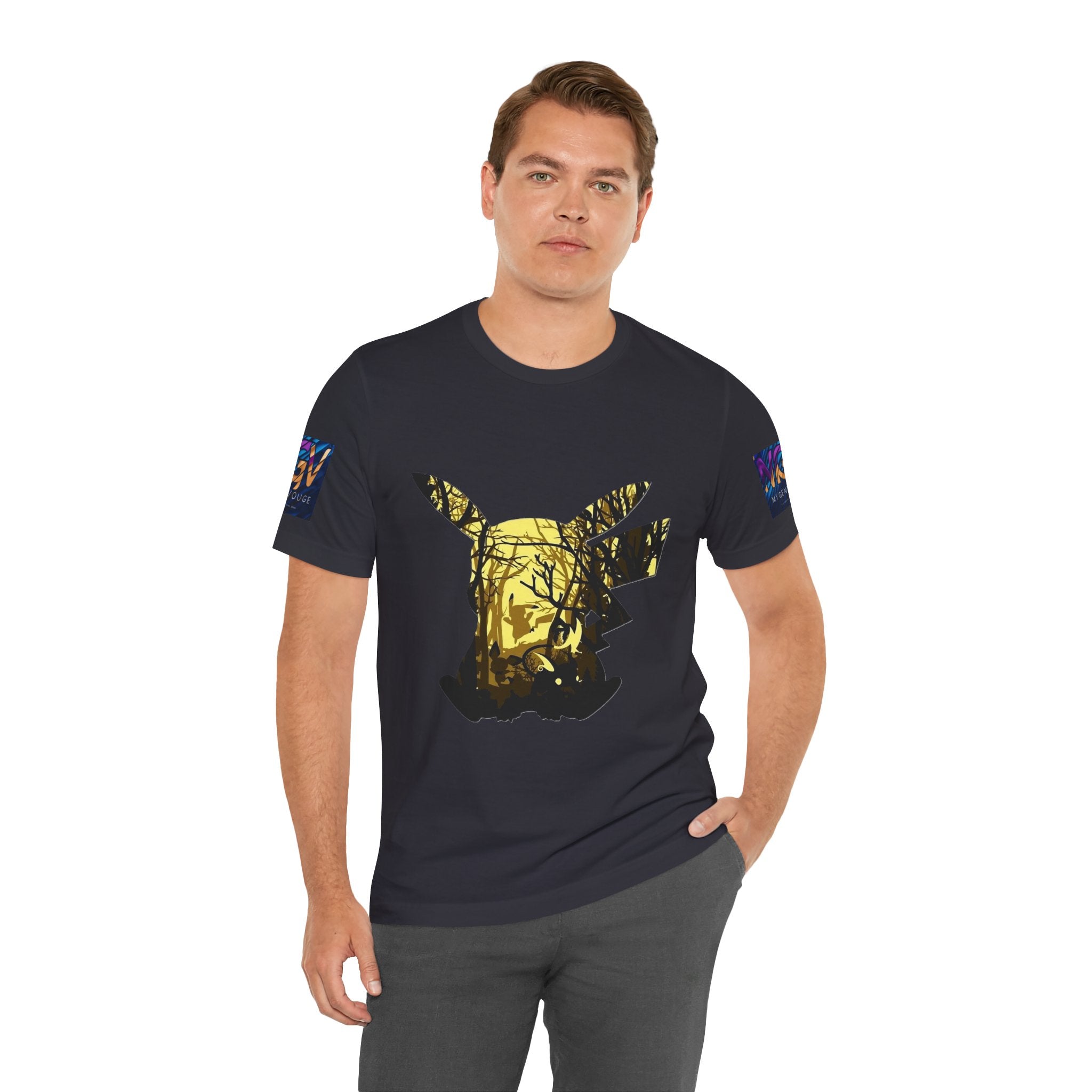 Man wearing a Dark Grey t-shirt with a gold graphic design on a white background