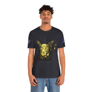 Person wearing a Dark Grey t-shirt with a gold graphic design on a white background