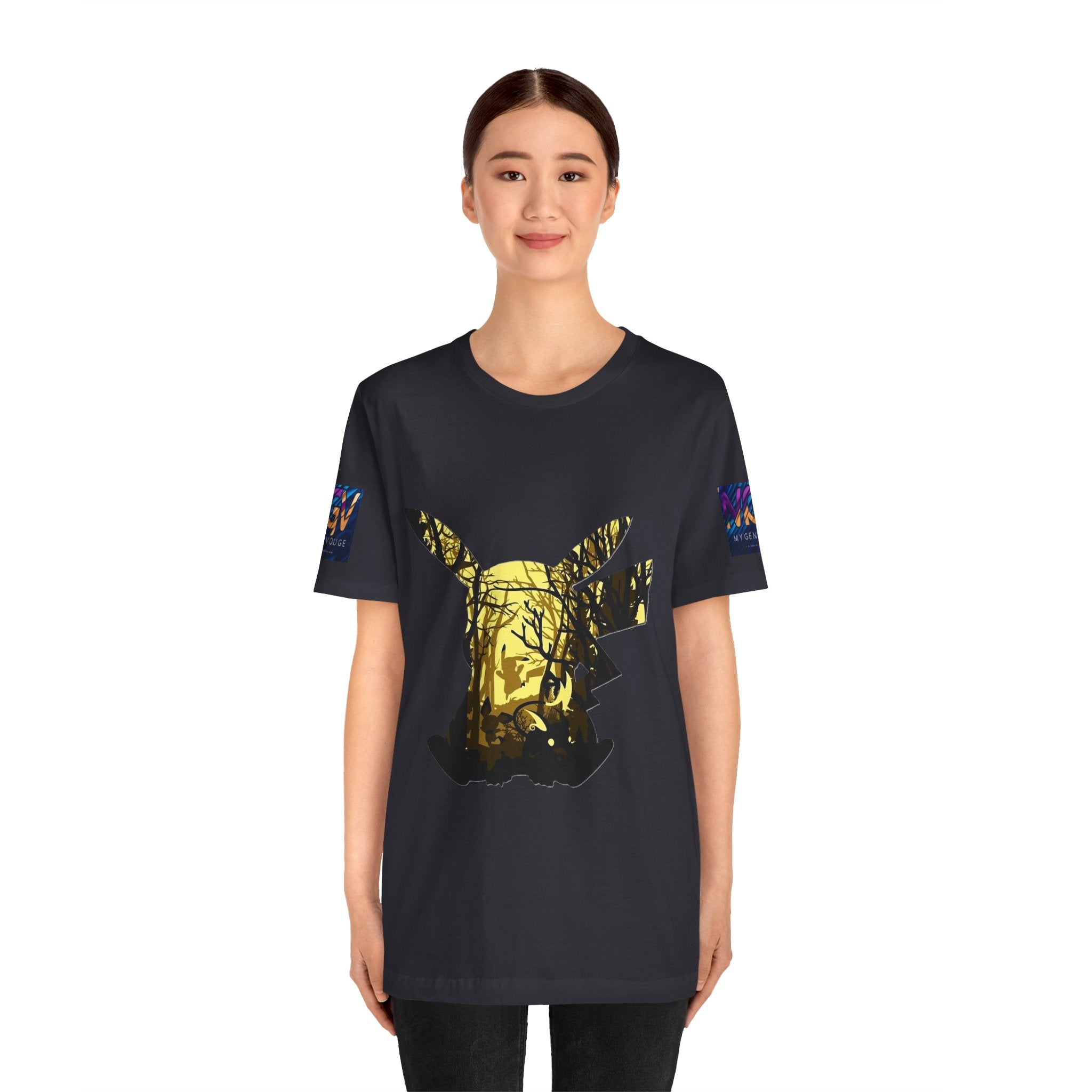 Person wearing a black t-shirt with a gold graphic design on a white background