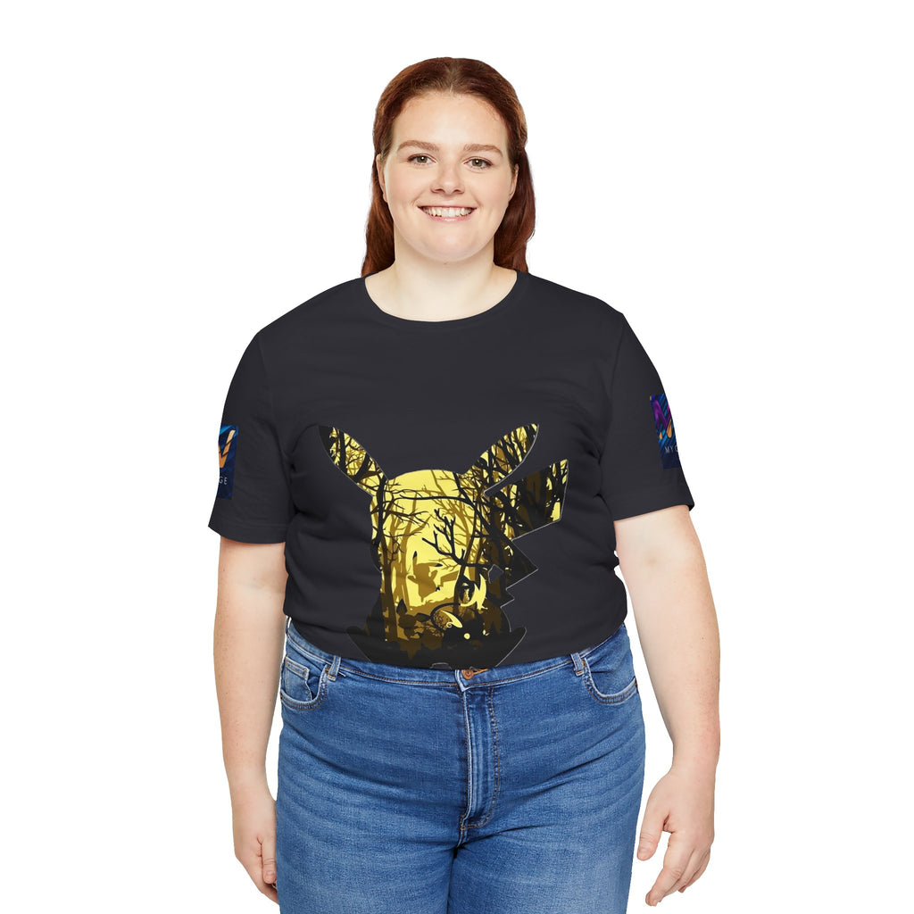 Person wearing a Dark Grey t-shirt with a gold graphic design on a white background