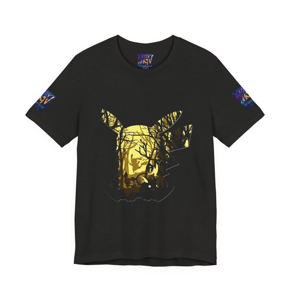 Black t-shirt with gold graphic design on a white background