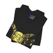 Black t-shirt with a yellow tree design on a white background