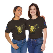 Two women wearing black t-shirts with a gold graphic design on a white background