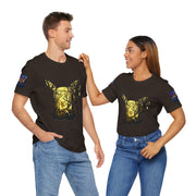 Two people wearing black t-shirts with a graphic design on a white background
