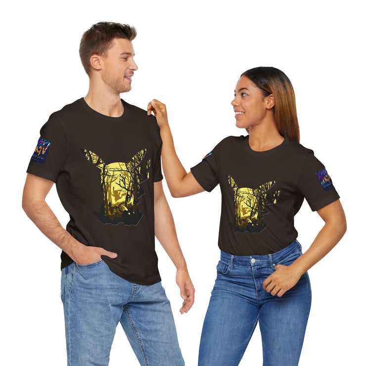 Two people wearing black t-shirts with a graphic design on a white background