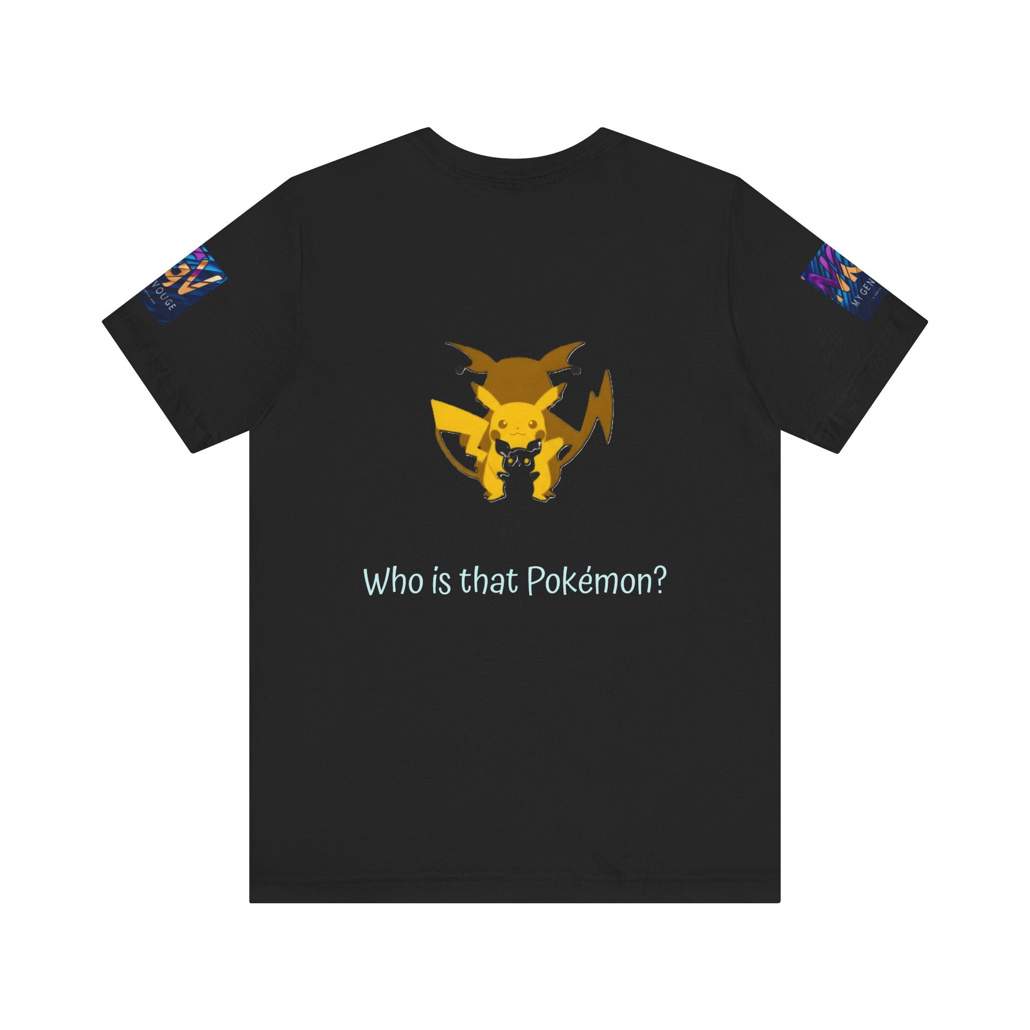 Black t-shirt with a yellow and orange graphic of a Pokémon on the chest and 'Who is that Pokémon?' text on a white background.
